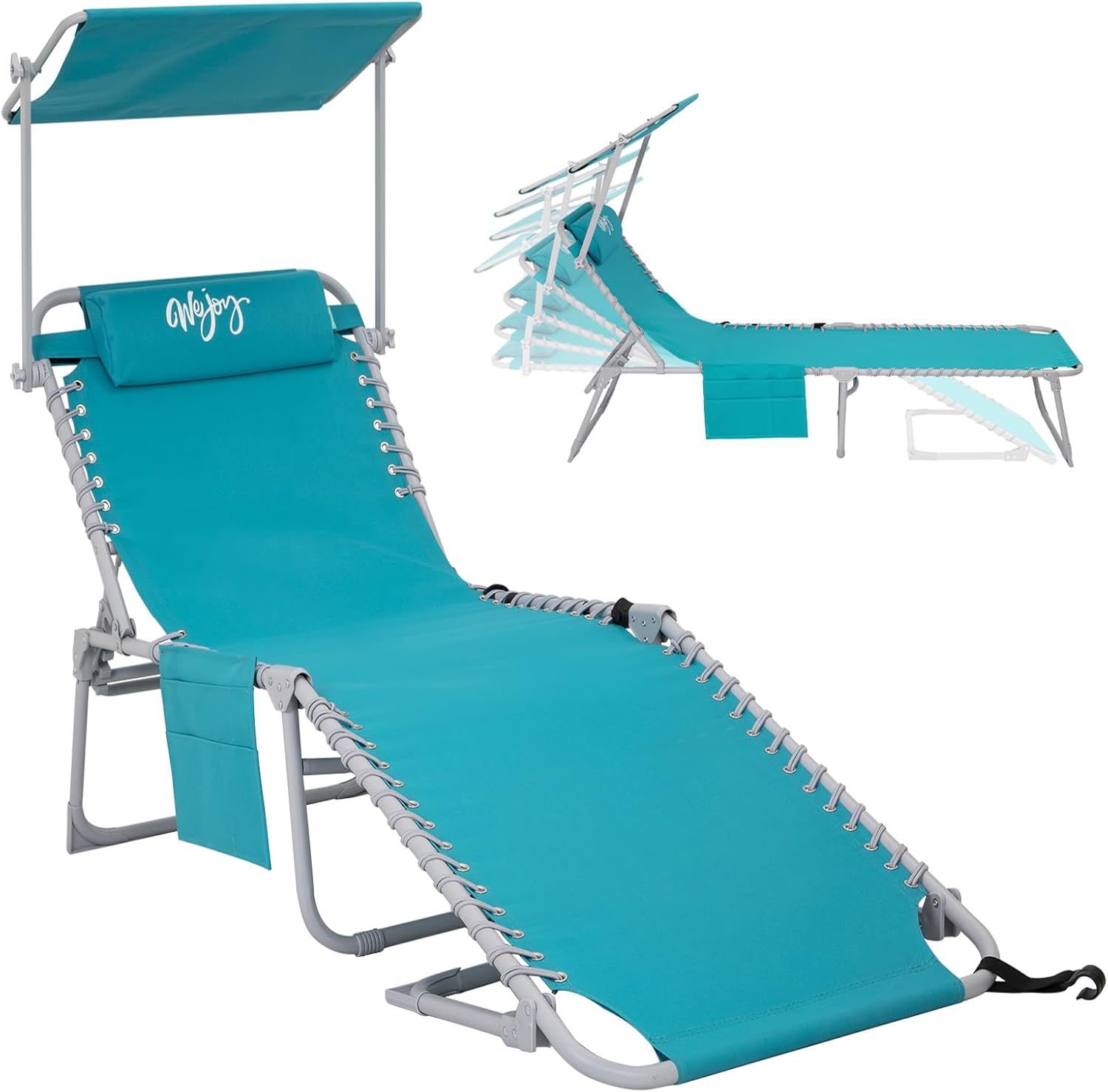 2 Pack Outdoor Chaise Lounge Chair - Portable Folding Patio Pool Lounge Chair, 5 Positions Adjustable Reclining Camping Chair with Side Table,Shoulder Strap, Pillow for Beach Sunbathing Lawn wourant