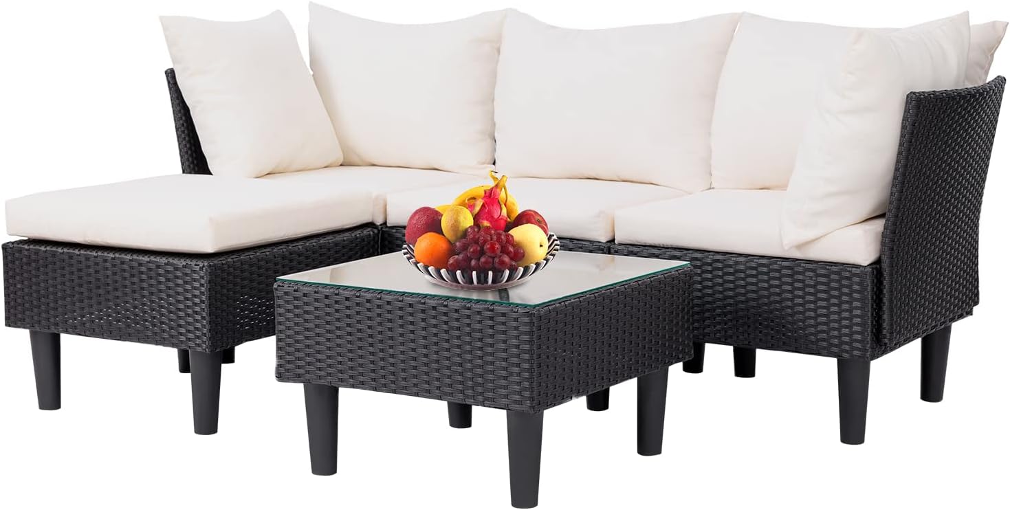 FDW | 4-Piece Patio Furniture Set | Black | Outdoor Wicker Furniture with Coffee Table | Modern Rattan Chairs Conversation Set | Outdoor Seating | Weather-Resistant | for Porch, Garden, Lawn woonhhop