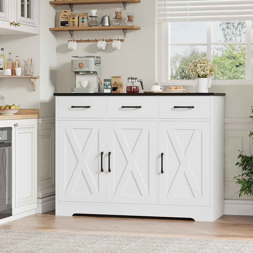 Modern farmhouse sideboard, barn door buffet storage cabinet with drawers and shelves, wooden coffee bar with storage wourant