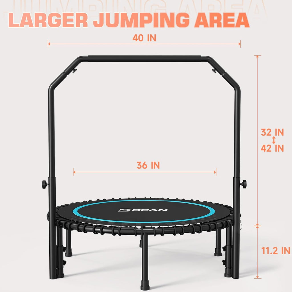 BCAN 450/550 LBS Foldable Mini Trampoline, 40"/48" Fitness Trampoline with Bungees, U Shape Adjustable Foam Handle, Stable & Quiet Exercise Rebounder for Adults Indoor/Outdoor Workout wourant