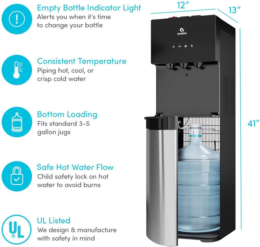 Avalon Bottom Loading Water Cooler Water Dispenser with BioGuard- 3 Temperature Settings - Hot, Cold & Room Water, Durable Stainless Steel Construction, Anti-Microbial Coating- UL Listed wourant