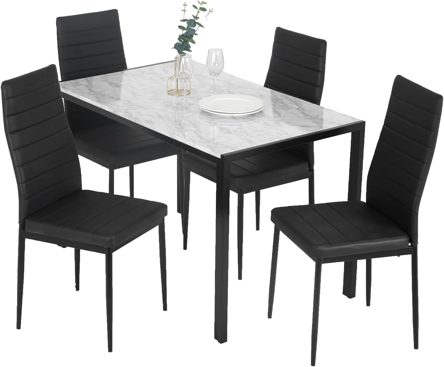 FDW Dining Table Set for 4 Glass Black Dining Table Kitchen Table with 4 Upholstered Chairs wourant