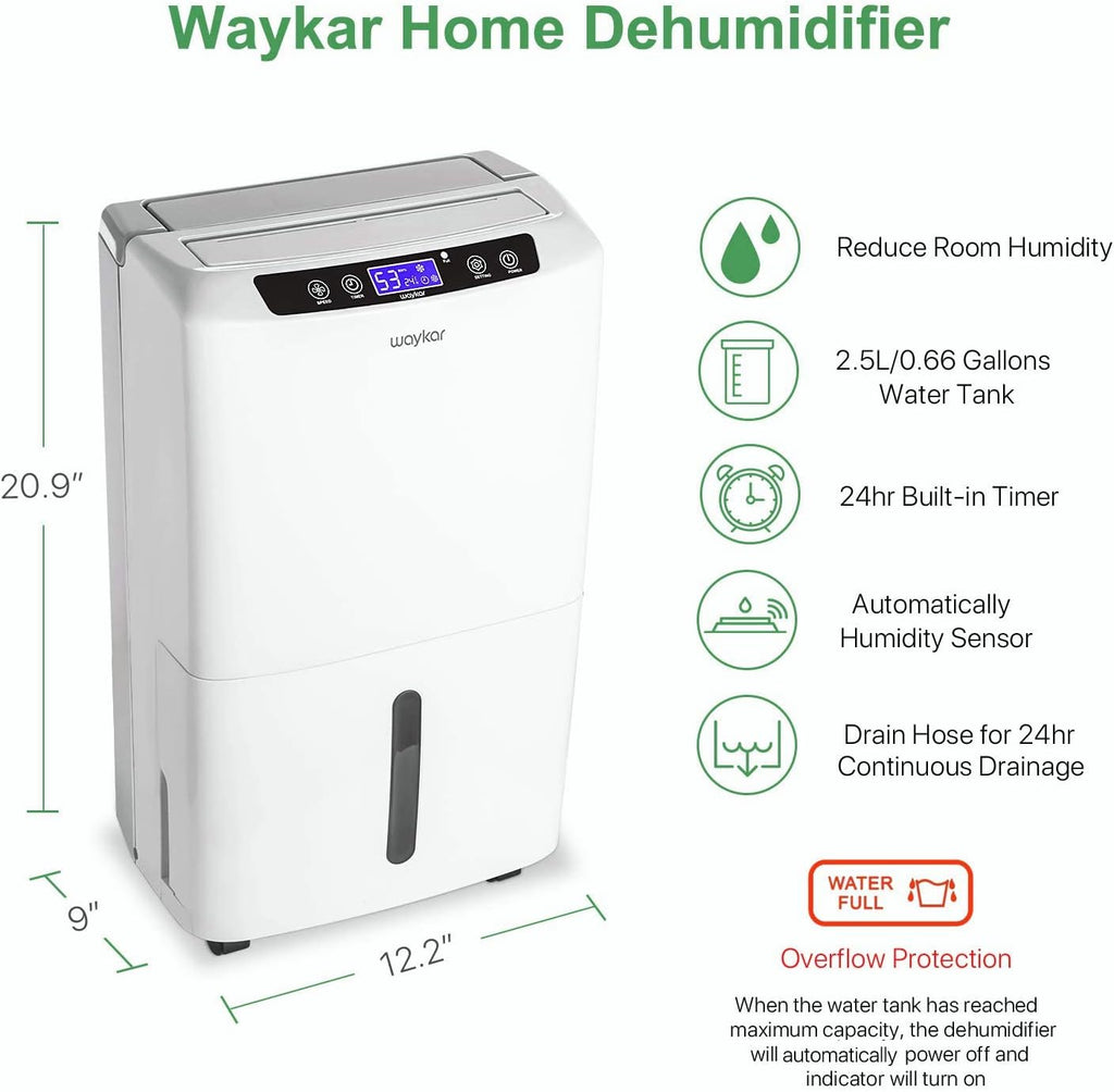 Waykar 2000 Sq. Ft Dehumidifier for Home and Basements, with Auto or Manual Drainage, 0.66 Gallon Water Tank Capacity wourant