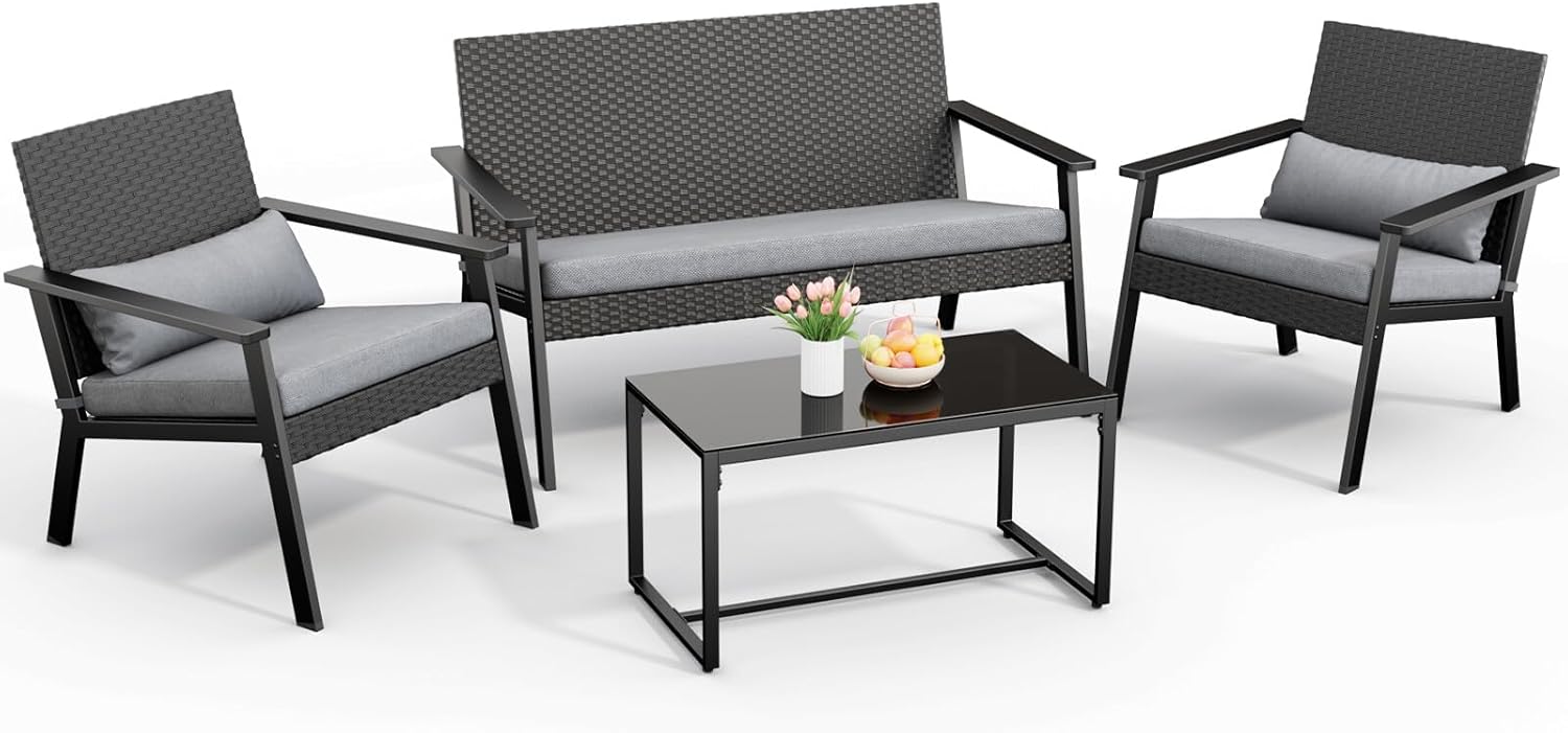Ahomly 4-Piece Outdoor Wicker Patio Furniture Set with Deep Seating Cushions and Table for Balcony, Backyard, and Porch (Gray) wourant