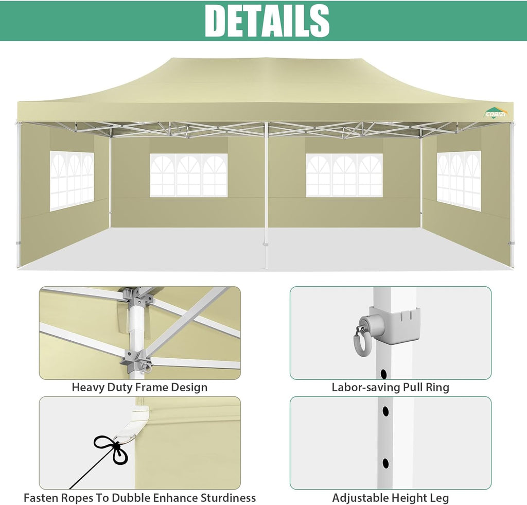 COBIZI 10x20 Heavy Duty Pop up Canopy Tent with 6 sidewalls Easy Up Commercial Outdoor Canopy Wedding Party Tents for Parties All Season Wind & Waterproof Gazebo with Roller Bag,Black(Frame Thickened) wourant