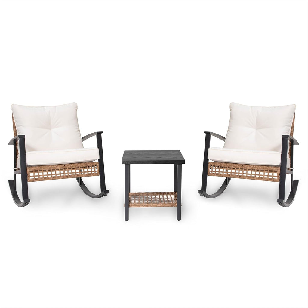 LAUSAINT HOME 3 Piece Rocking Bistro Set Outdoor Patio Furniture Oversize Rattan Conversation Set wourant