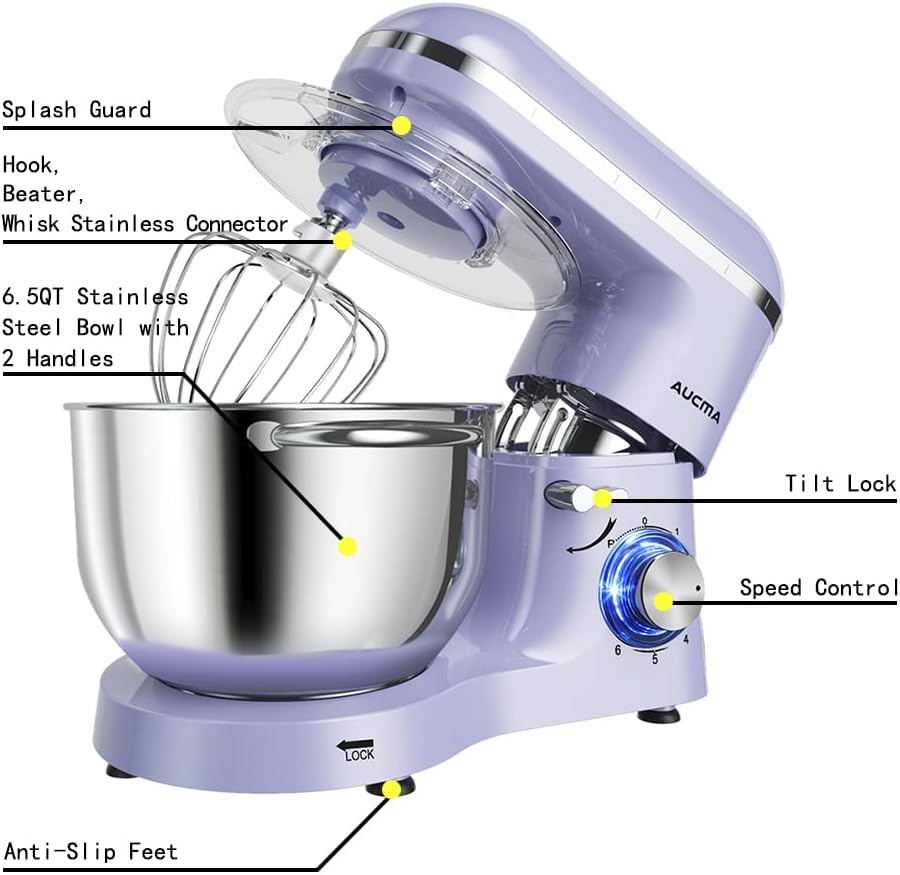 Aucma Stand Mixer,6.5-QT 660W 6-Speed Tilt-Head Food Mixer, Kitchen Electric Mixer with Dough Hook wourant