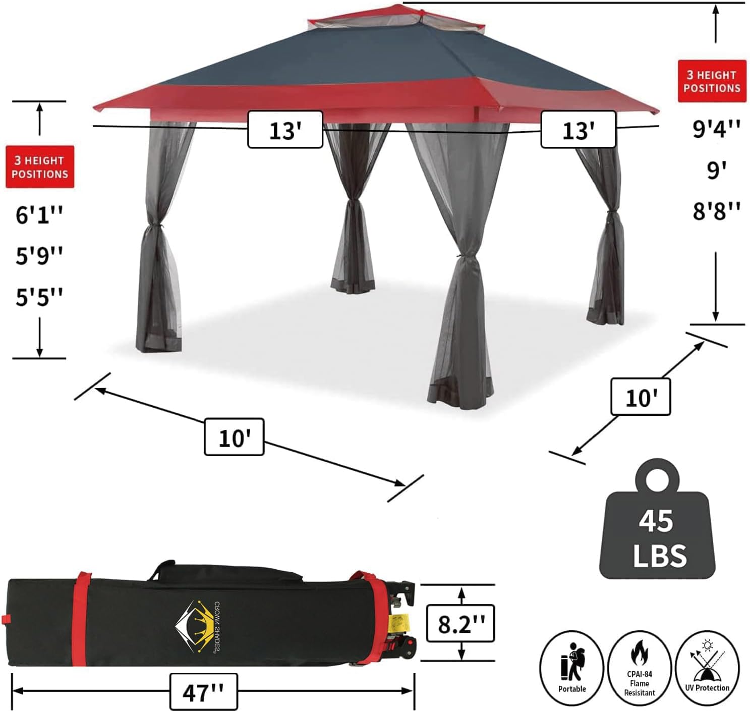 CROWN SHADES 13x13 Pop Up Gazebo, Canopy Tent, Gazebos on Clearance - Outdoor Gazebo for Backyard & Patio Furniture - Carpa Pop Up Tent with Wheeled STO-N-Go Cover Bag (White) wourant