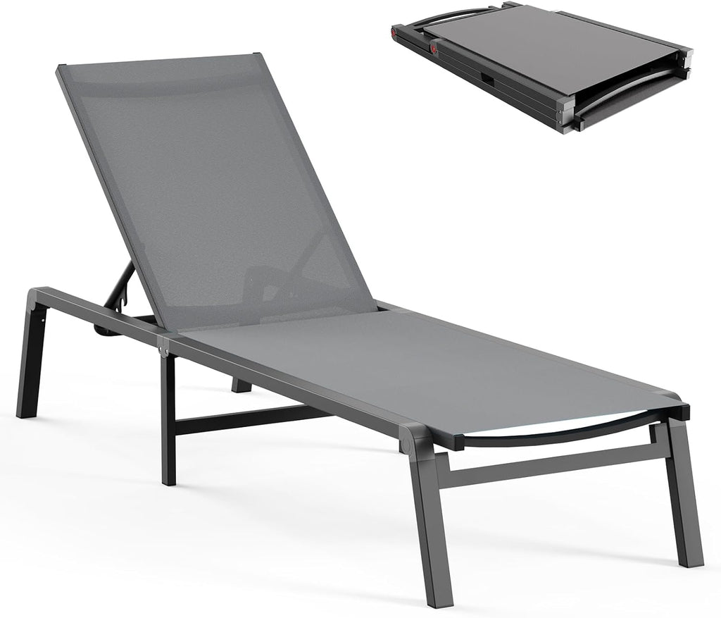Aluminum Chaise Lounge Ourdoor - Foldable & Assemble Free Outdoor Lounge Chair with 5 Adjustable Backrest, Patio Lounge Chair for Outside Poolside Beach Pool, Black wourant