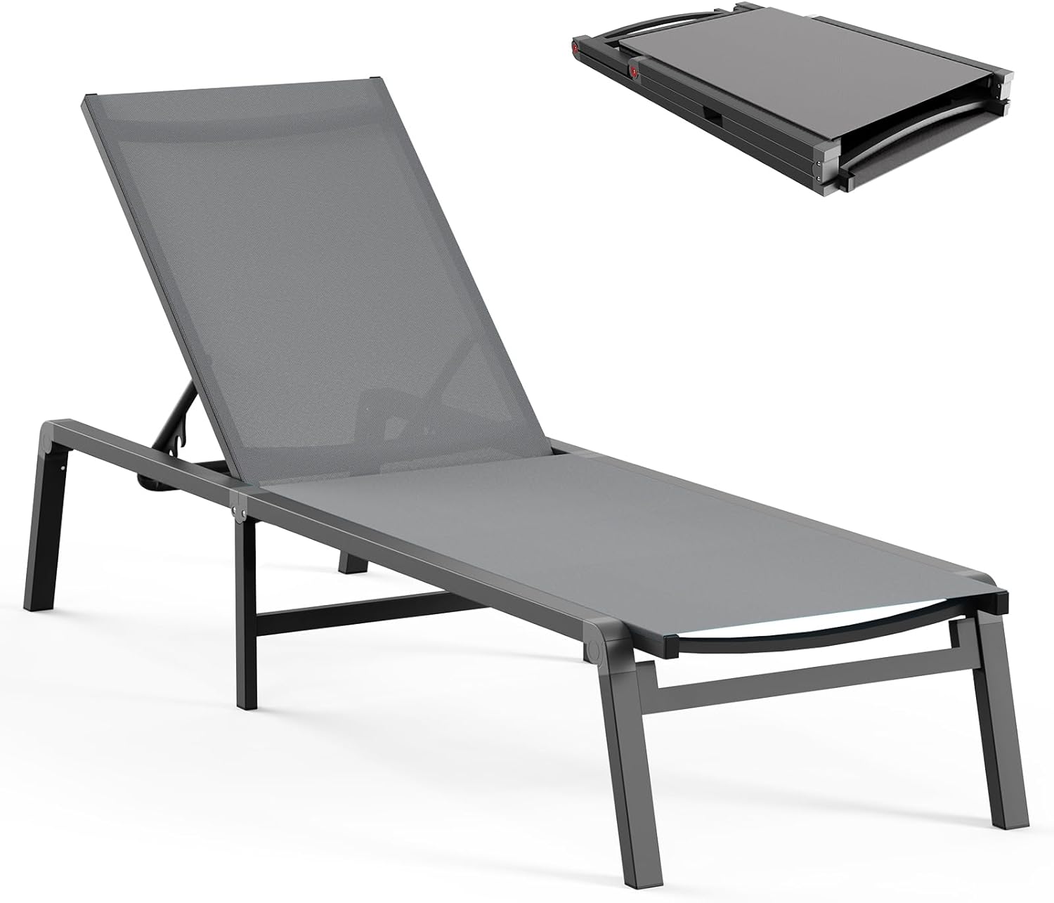 Aluminum Chaise Lounge Ourdoor - Foldable & Assemble Free Outdoor Lounge Chair with 5 Adjustable Backrest, Patio Lounge Chair for Outside Poolside Beach Pool, Black wourant