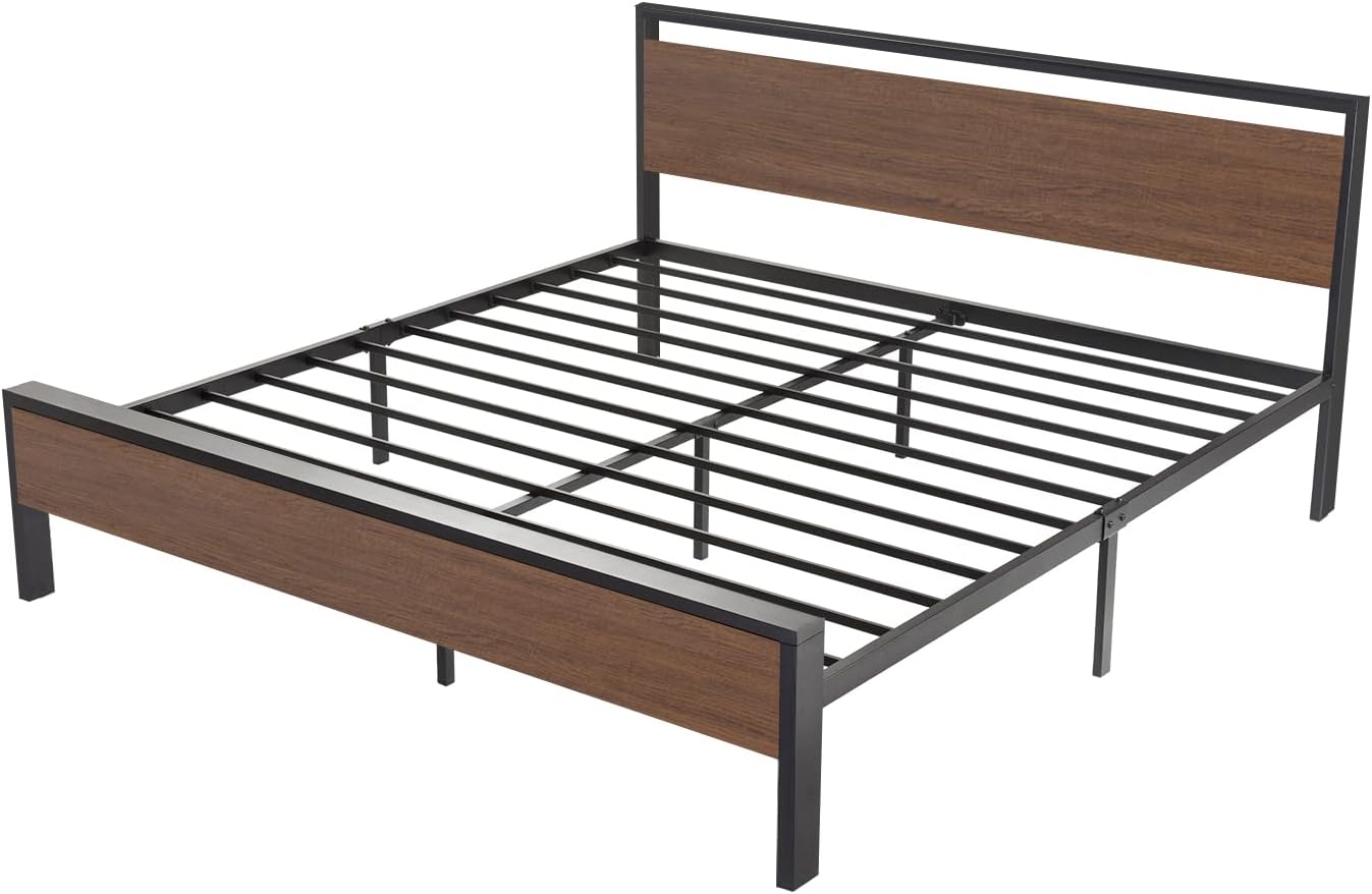 SHA CERLIN 14 Inch Queen Size Metal Platform Bed Frame with Wooden Headboard and Footboard wourant