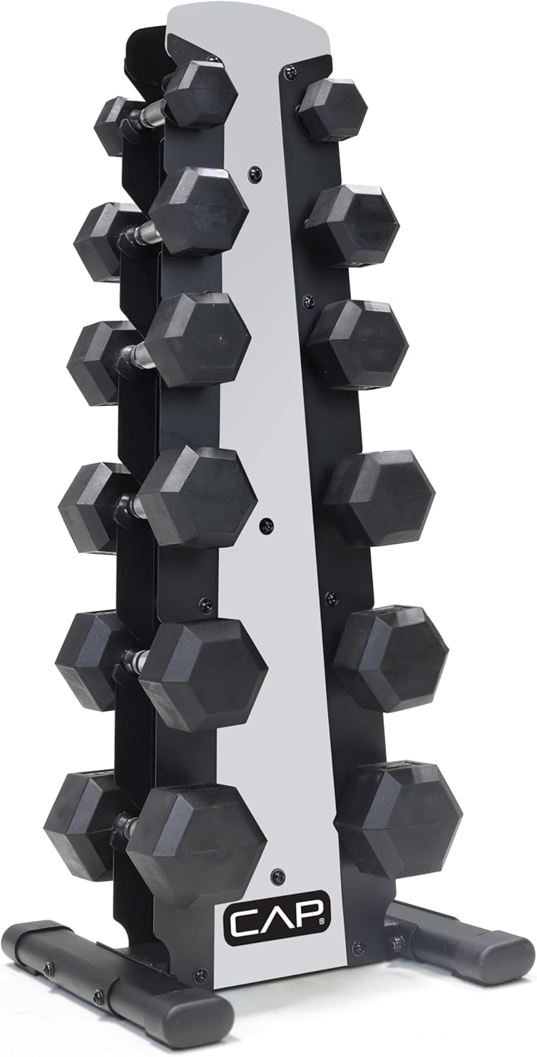 CAP Barbell Rubber Coated Dumbbell Weight Set with Vertical Rack | 100 lb, 150 lb, and 210 lb wourant