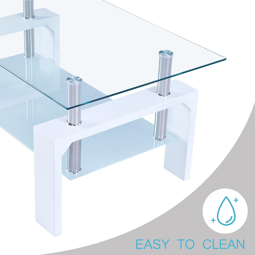 Living Room Rectangle Coffee Table, Tea Table Suitable for Waiting Room, Modern Side Coffee Table with Wooden Leg, Glass Tabletop wourant