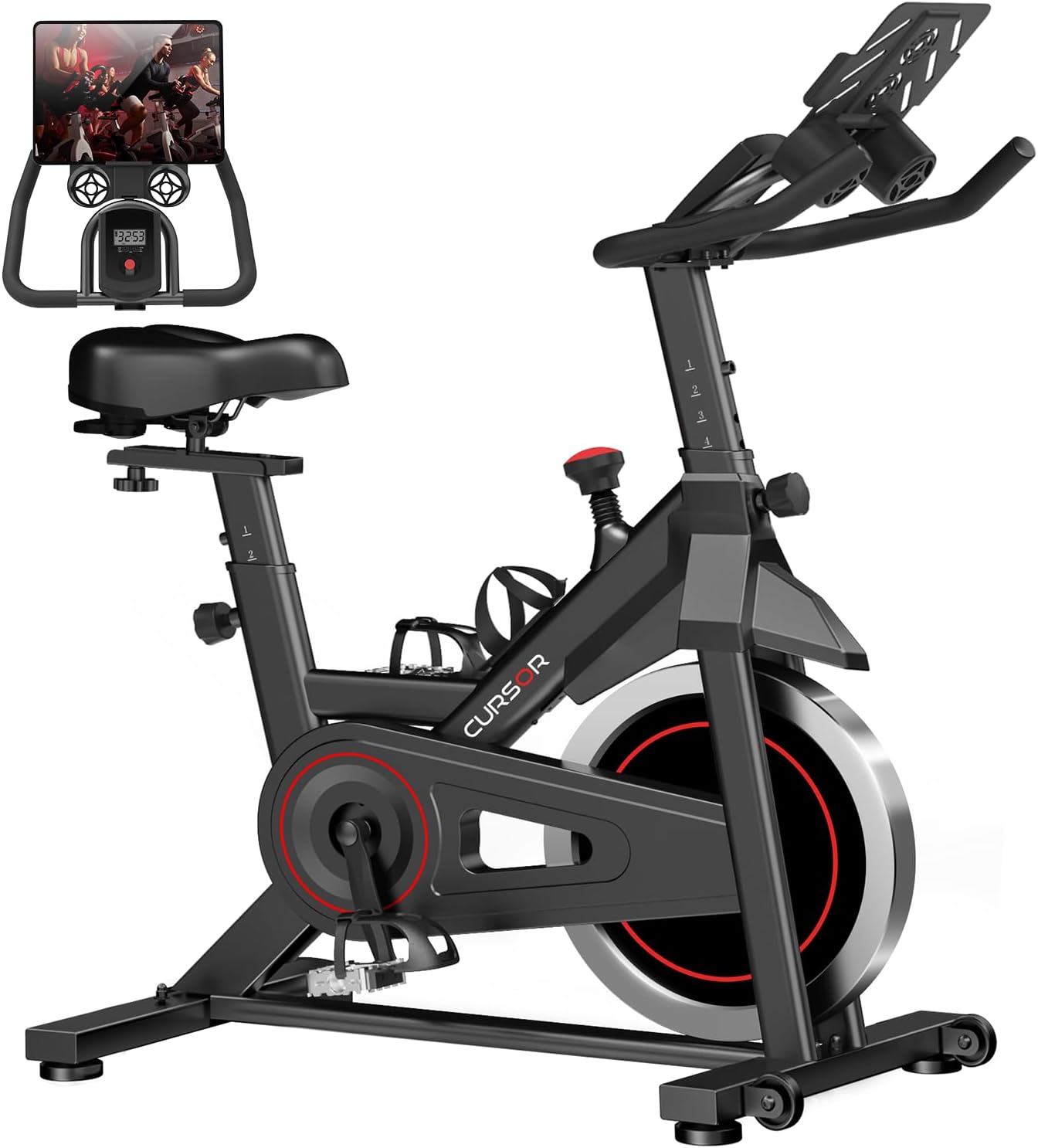 CURSOR FITNESS Exercise Bike, Stationary Bikes for Home, 300 LBS Capacity, Workout Bike with Silent Belt Drive, Indoor Cycling Bike with Extra Comfort Seat/IPad Mount/3 Bottle Holders wourant
