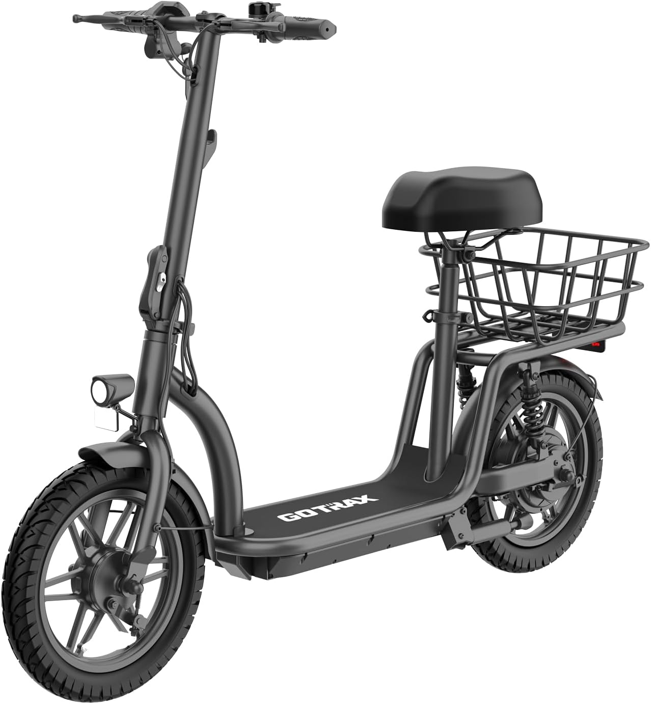 Gotrax adult electric scooter with seat, maximum range of 19-25 miles, all-terrain tires, wide pedals, padded seat, and carrycot wourant