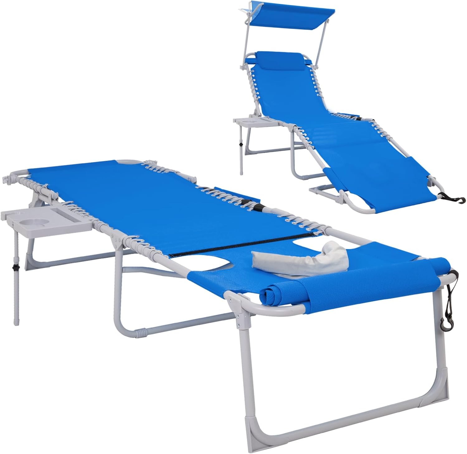 2 Pack Outdoor Chaise Lounge Chair - Portable Folding Patio Pool Lounge Chair, 5 Positions Adjustable Reclining Camping Chair with Side Table,Shoulder Strap, Pillow for Beach Sunbathing Lawn wourant
