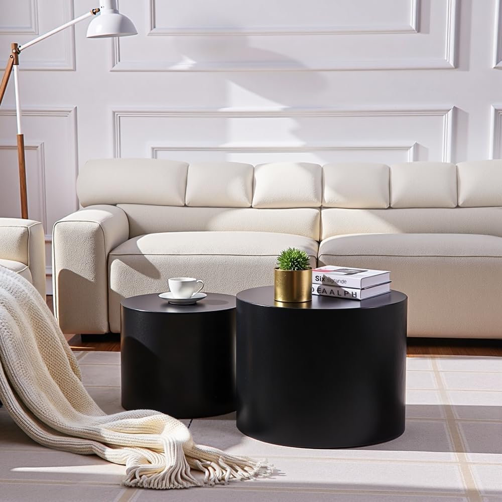 Nesting Coffee Table Set of 2, Modern Round Coffee Table with Non-Slip Feet, Walnut Wooden Circle Accent Tables for Small Spaces Living Room Bedroom Balcony Office Drum Side Table (Walnut) wourant