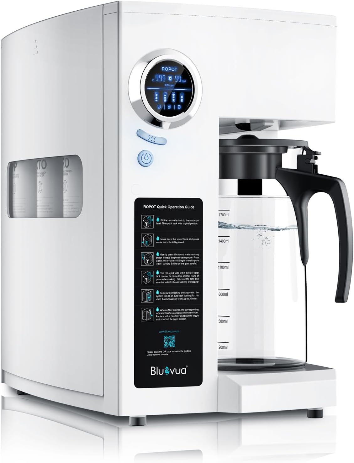 Bluevua RO100ROPOT-UV Reverse Osmosis System Countertop Water Purifier - 6-stage purification with UV and remineralization, reverse osmosis filtration wourant