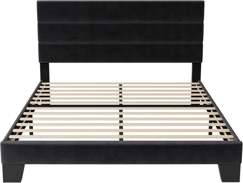 Allewie Queen Size Platform Bed Frame Fabric Upholstered Headboard Wooden Slats Support wourant