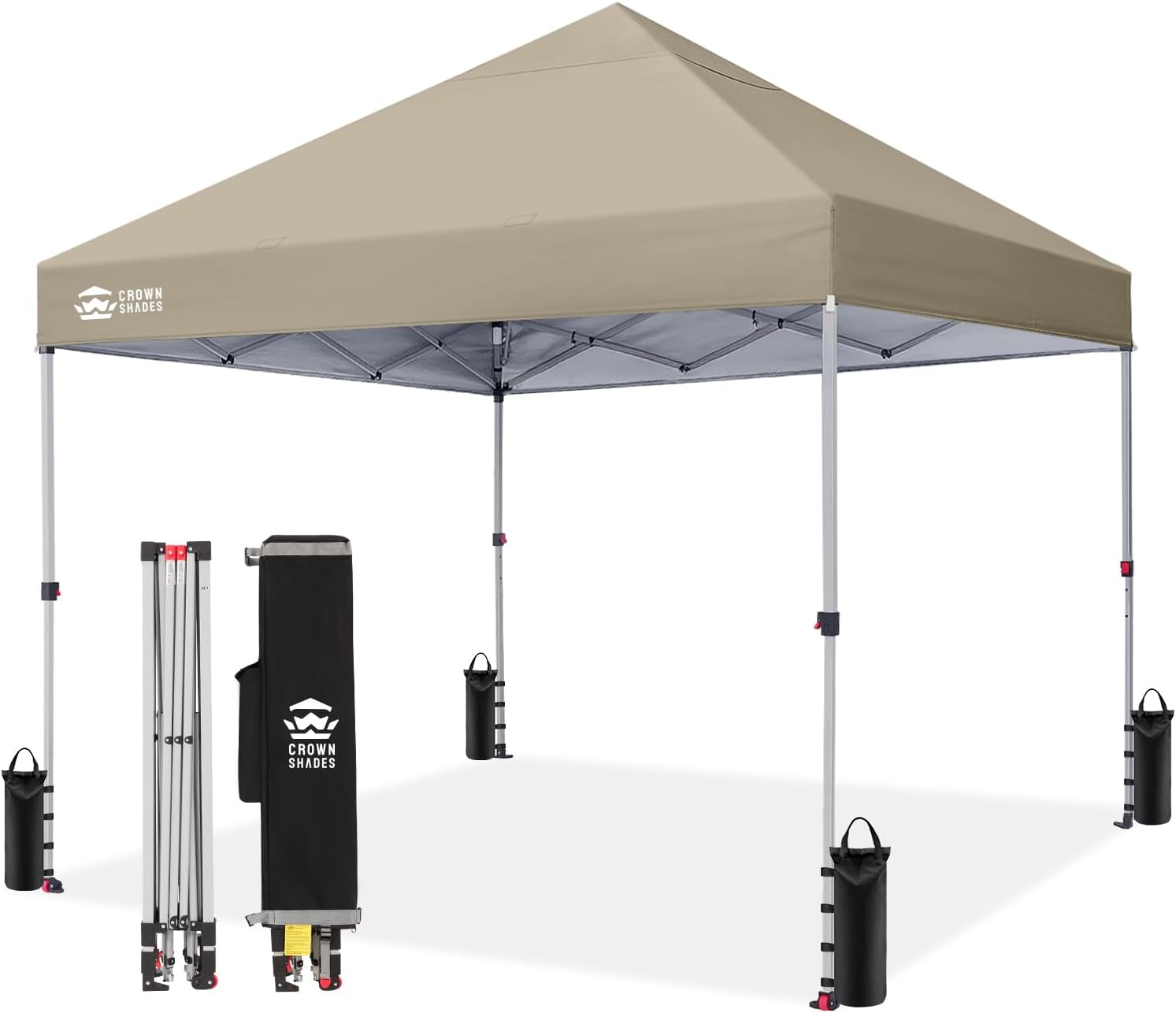 Crown Shades 10x10 Pop Up Canopy - Beach Tent with One Push Setup - Outdoor Sun Shade for Events, Parties, Camping - Gazebo with STO-N-Go Cover Bag, Silver Coated Top, 3 Height& 4 Sand Bags, Yellow woonhhop