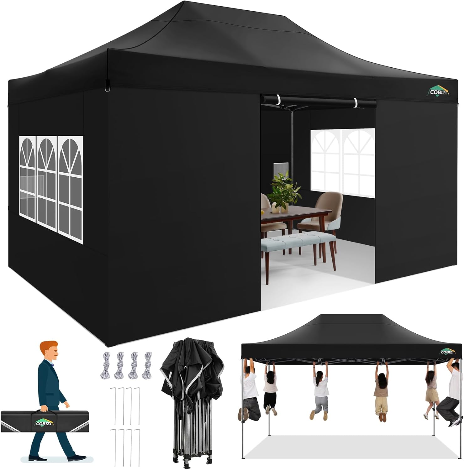 COBIZI 10x20 Heavy Duty Pop up Canopy Tent with 6 sidewalls Easy Up Commercial Outdoor Canopy Wedding Party Tents for Parties All Season Wind & Waterproof Gazebo with Roller Bag,Black(Frame Thickened) wourant