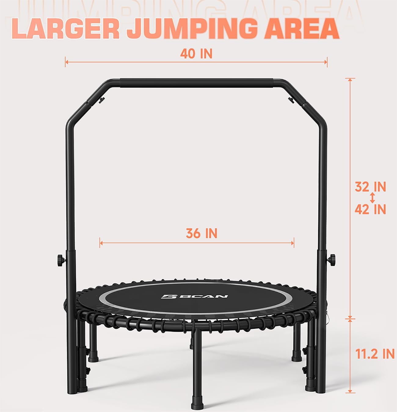 BCAN 450/550 LBS Foldable Mini Trampoline, 40"/48" Fitness Trampoline with Bungees, U Shape Adjustable Foam Handle, Stable & Quiet Exercise Rebounder for Adults Indoor/Outdoor Workout wourant