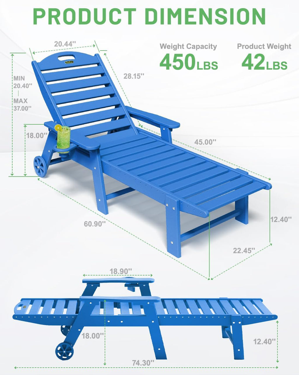 Lounge Chair Outdoor, Chaise Lounge, HDPE 6-Position Outdoor Chaise Lounge, Patio Lounge Chair with Wheels & Cup Holder for Pool Poolside Deck Backyard, Teak wourant