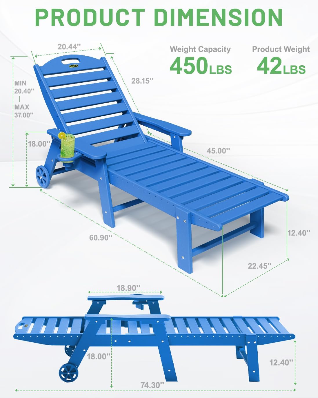 Lounge Chair Outdoor, Chaise Lounge, HDPE 6-Position Outdoor Chaise Lounge, Patio Lounge Chair with Wheels & Cup Holder for Pool Poolside Deck Backyard, Teak wourant