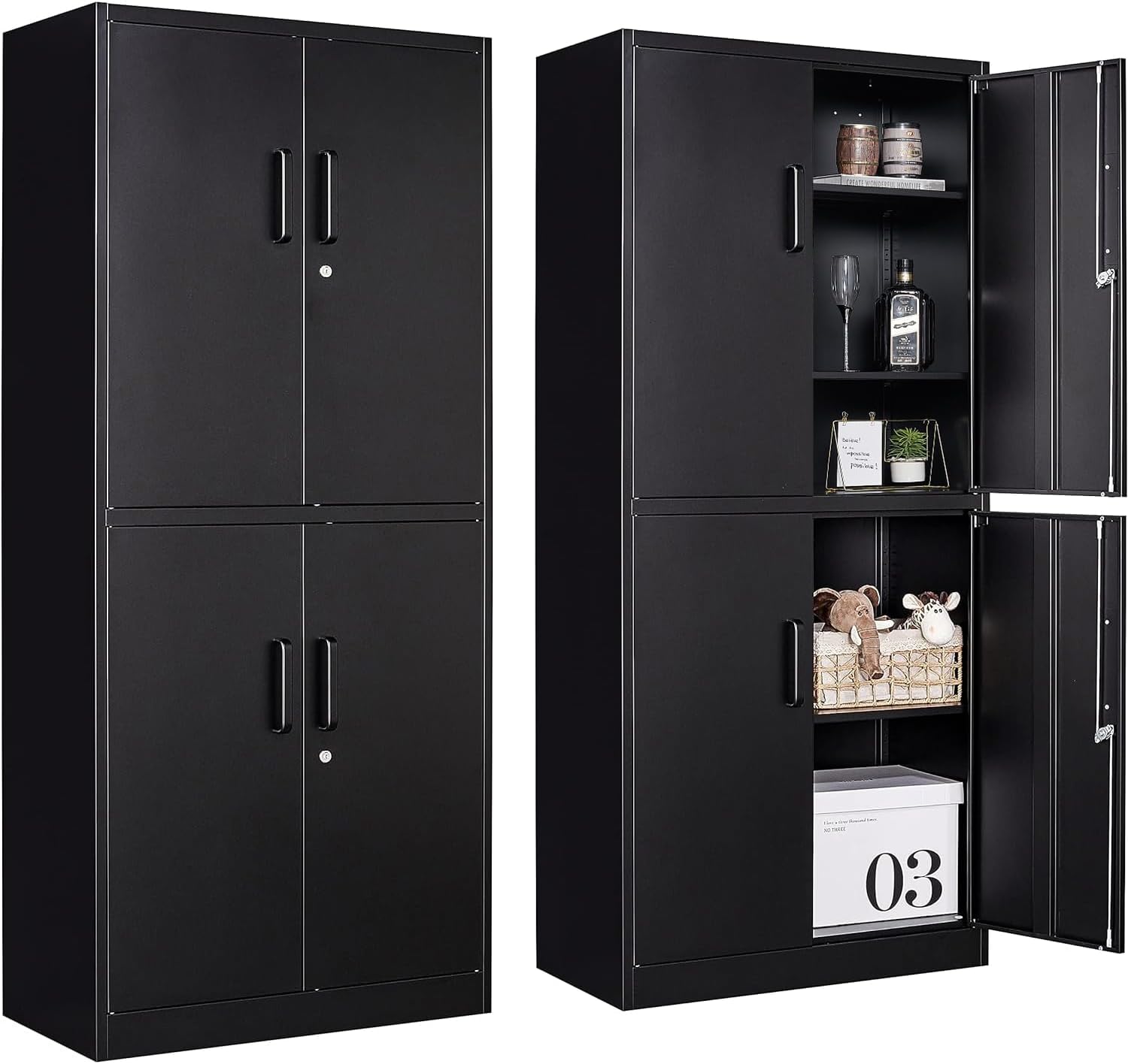 Metal Storage Cabinet with 2 Doors and 6 Shelves, Black Metal Cabinet with Lock, 71 Inch Lockable Garage Storage Cabinet wourant