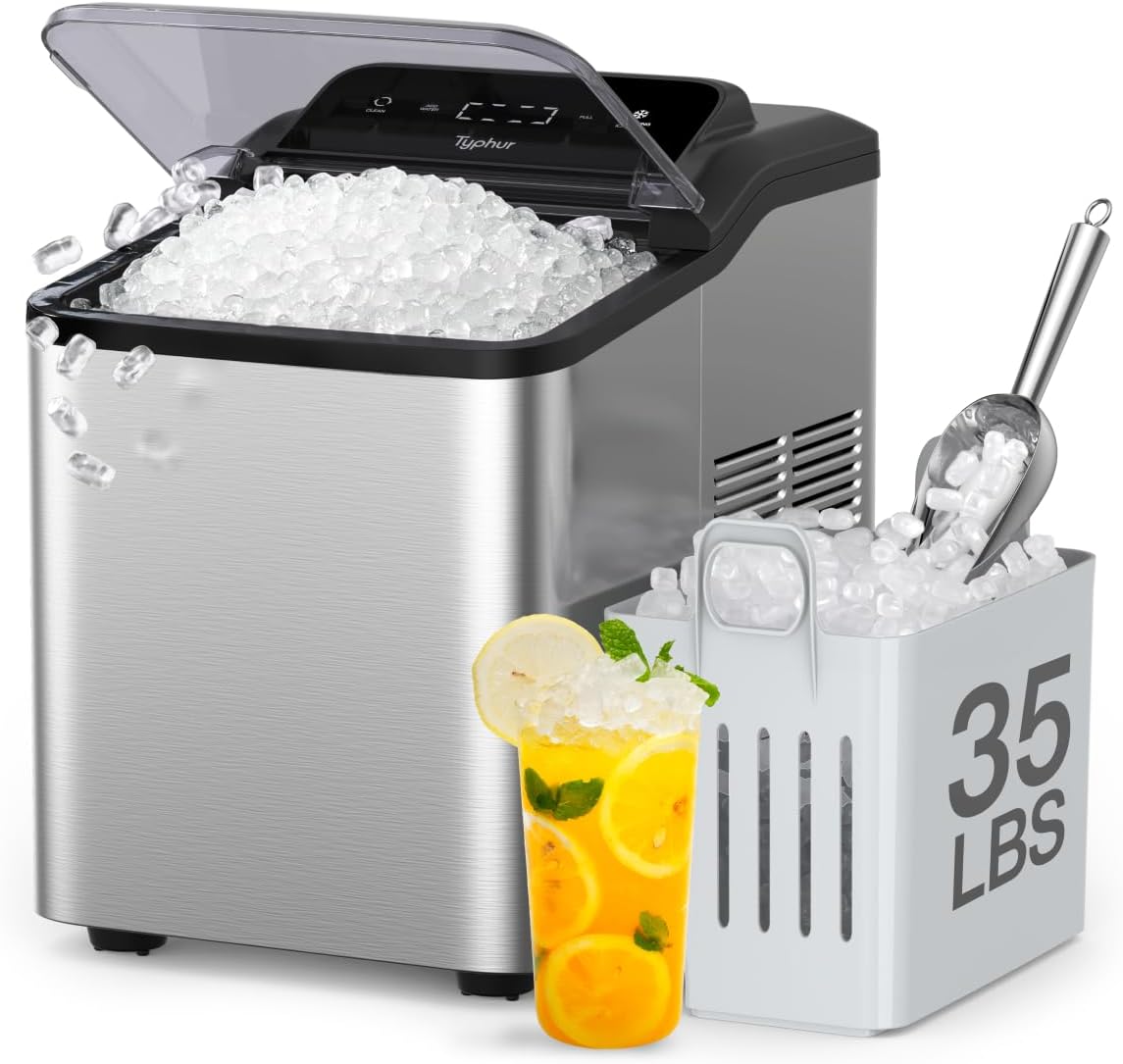 Typhur Fast Nugget Ice Maker Countertop with Self-Cleaning Pump, 35lbs/24H Crushed Pebble Ice Machine with Pellet Ice, 8 Packs Cleaner, Dual Ice Scoops for Home, Kitchen, Party, RV, Stainless Steel woonhhop