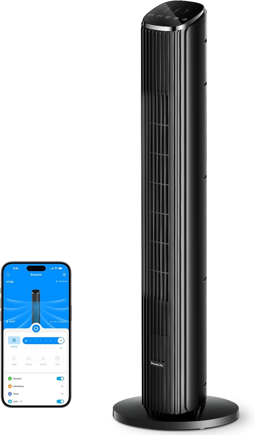 GoveeLife Black Tower Fan for Bedroom, 36" Smart Floor Fan with App/Voice Control, Temperature Sensor, 5 Modes 8 Speeds(25ft/s), 29dB Quiet Oscillating Fan for Office, 24H Timer, Auto Cooling woonhhop