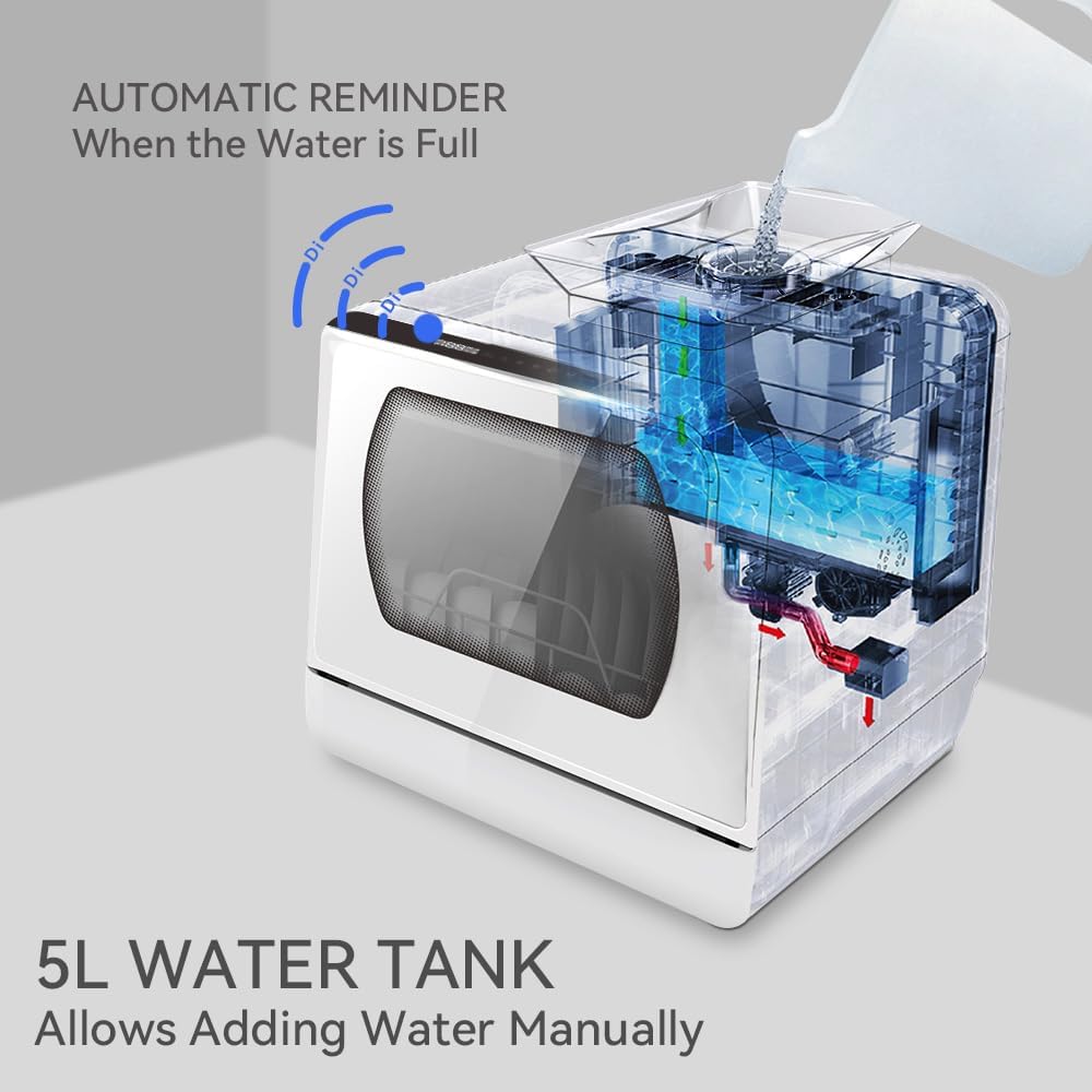 Hermitlux Countertop Dishwasher, 7 Washing Programs Portable Mini Dishwasher with 5-Liter Built-in Water Tank for Apartments & RVs, LED Light, Glass Door, No Hookup Needed wourant