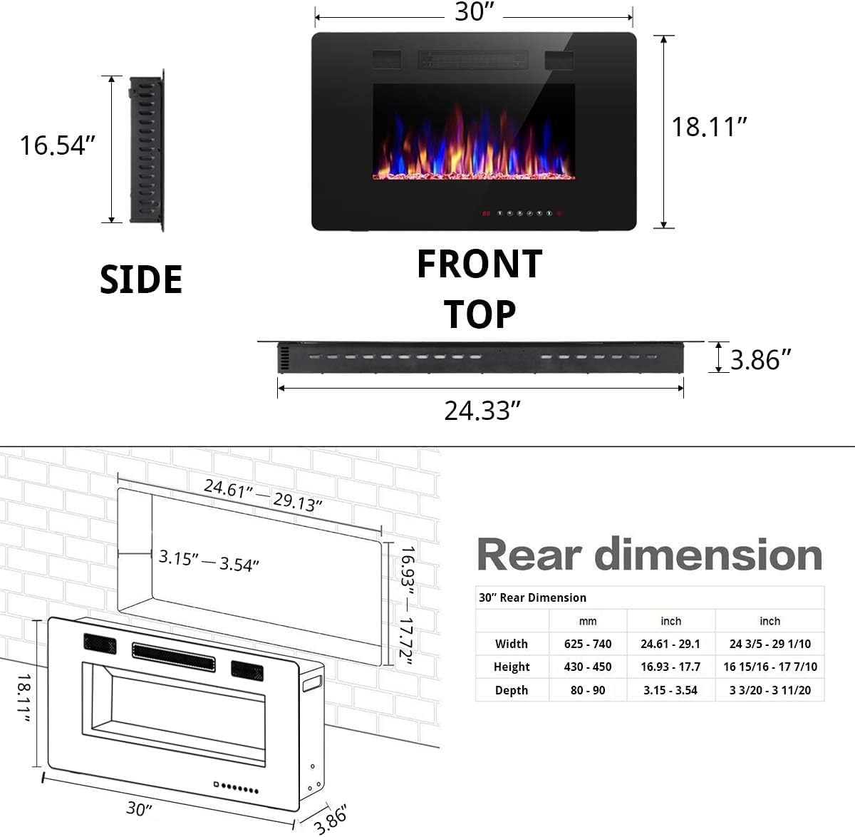 R.W.FLAME 60" Recessed and Wall Mounted Electric Fireplace, Low Noise, Fit for 2 x 6 Stud, Remote Control with Timer, Touch Screen, Adjustable Flame Color and Speed, 750-1500W wourant