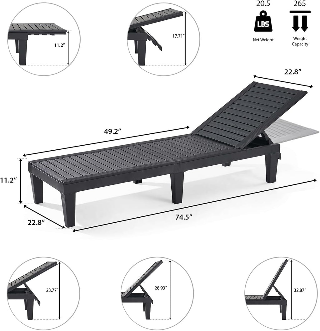 Patio Chairs - Black Chaise Lounge Chair Outdoor 5-Position Adjustable Sun Tanning Chair Waterproof Pool Lounge Chairs Set of 2 Reclining Lawn Chair, Lightweight Outdoor Lounge Chairs wourant