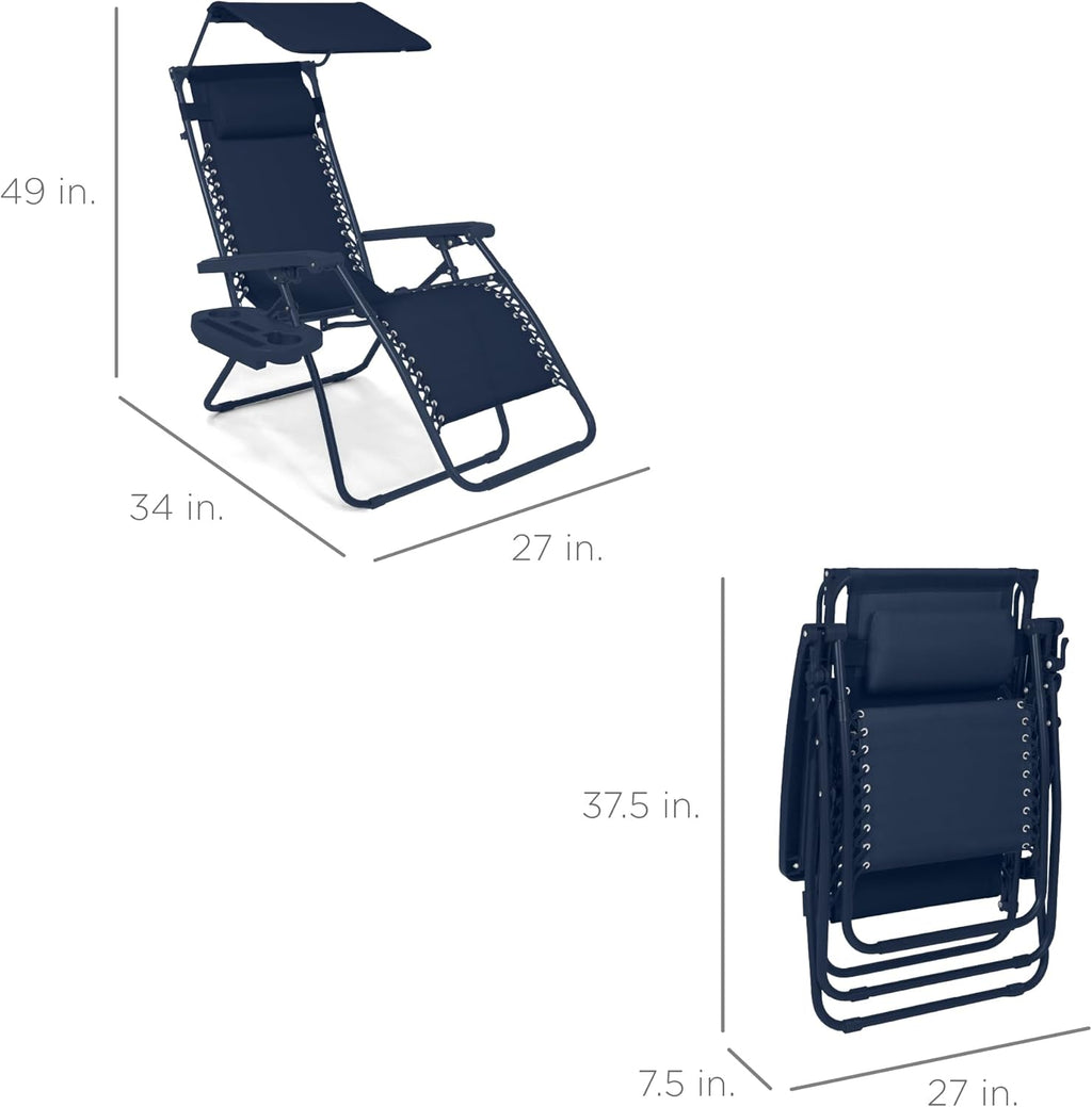 Best Choice Products Folding Zero Gravity Outdoor Recliner Patio Lounge Chair w/Adjustable Canopy Shade, Headrest, Side Accessory Tray, Textilene Mesh - Peacock Blue wourant