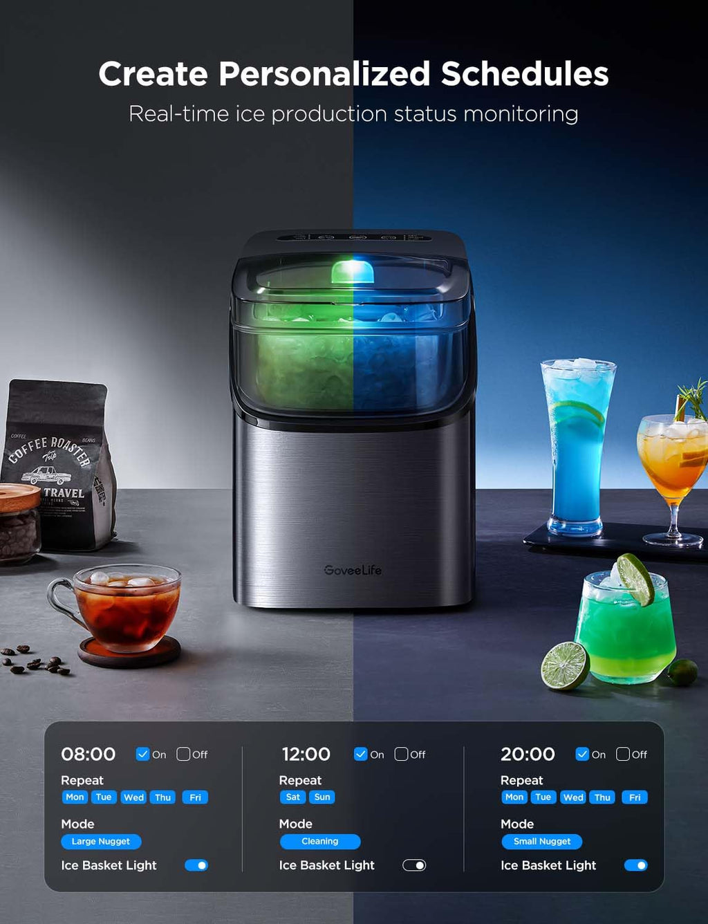 GoveeLife Smart Ice Maker Countertop, Portable Ice Machine with Voice Control, 9 Ice Cubes in 6 Minutes 3 Sizes, 26lbs/24Hrs, Self Cleaning RGB Lights, Quiet Ice Maker with Scoop for Kitchen Black wourant