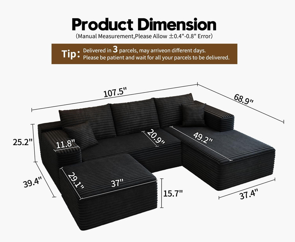 107.5 inch Cloud Modular Sectional Sofa with L-Shaped Chaise Lounge, Modern Minimalist Upholstered Sofa Deep Seating Corner Sofa wourant