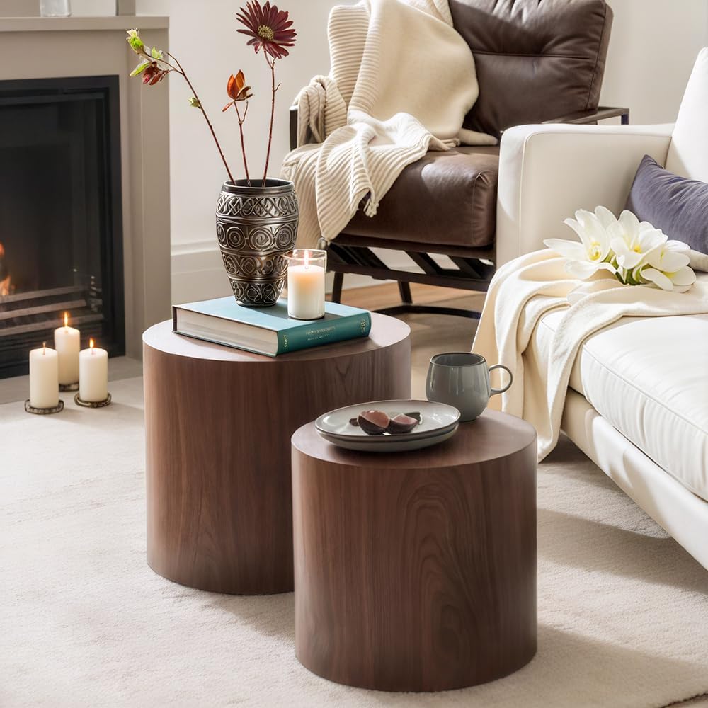 Nesting Coffee Table Set of 2, Modern Round Coffee Table with Non-Slip Feet, Walnut Wooden Circle Accent Tables for Small Spaces Living Room Bedroom Balcony Office Drum Side Table (Walnut) wourant