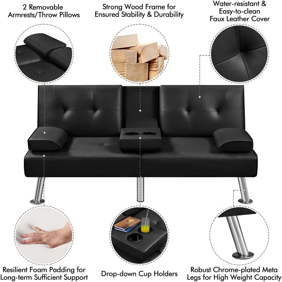 Yaheetech Convertible Sofa Bed Adjustable Couch Sleeper Modern Faux Leather Home Recliner Reversible Loveseat Folding Daybed Guest Bed, Removable Armrests, Cup Holders, 3 Angles, 772lb Capacity, Brown wourant