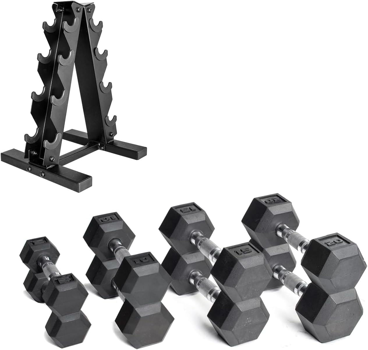 CAP Barbell Rubber Coated Dumbbell Weight Set with Vertical Rack | 100 lb, 150 lb, and 210 lb wourant