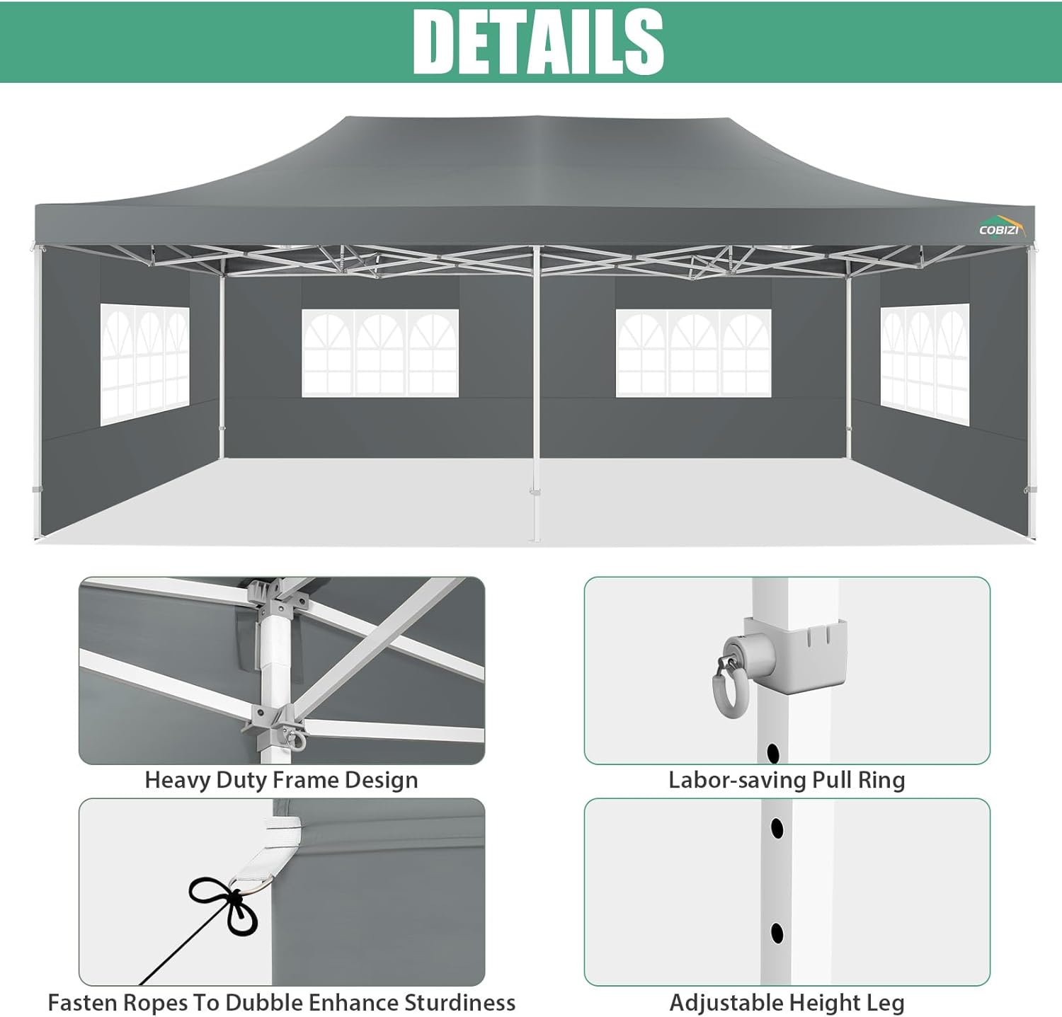COBIZI 10x20 Heavy Duty Pop up Canopy Tent with 6 sidewalls Easy Up Commercial Outdoor Canopy Wedding Party Tents for Parties All Season Wind & Waterproof Gazebo with Roller Bag,Black(Frame Thickened) wourant