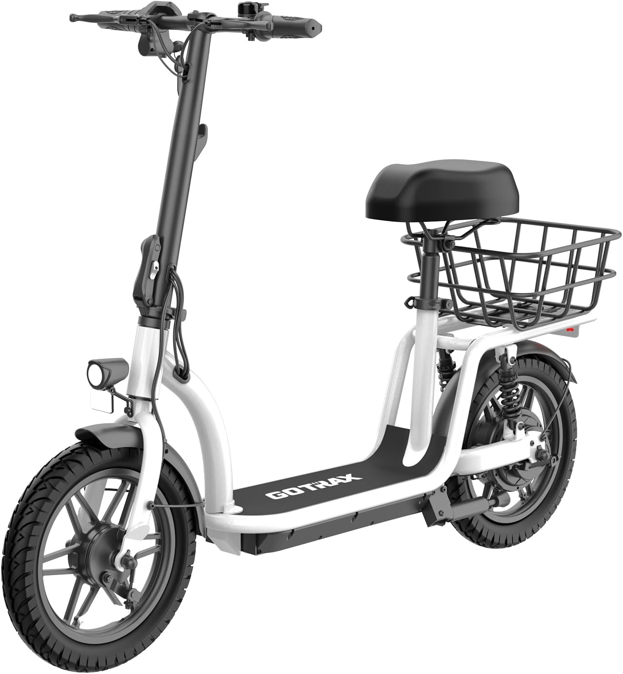 Gotrax adult electric scooter with seat, maximum range of 19-25 miles, all-terrain tires, wide pedals, padded seat, and carrycot wourant