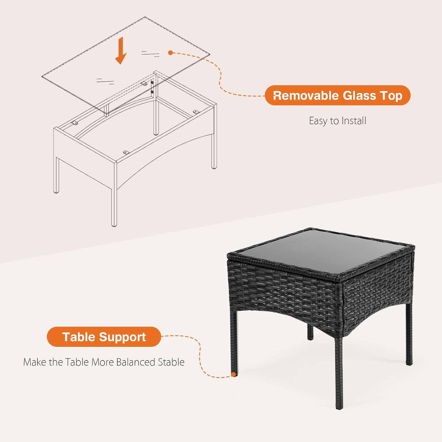 Sweetcripy Patio Furniture Set 3 Pieces, Outdoor Furniture with Soft Cushion and Glass Table, All Weather Manual Weaving Wicker Rattan Patio Chairs for Garden, Terrace, Porch(Black and Beige) wourant