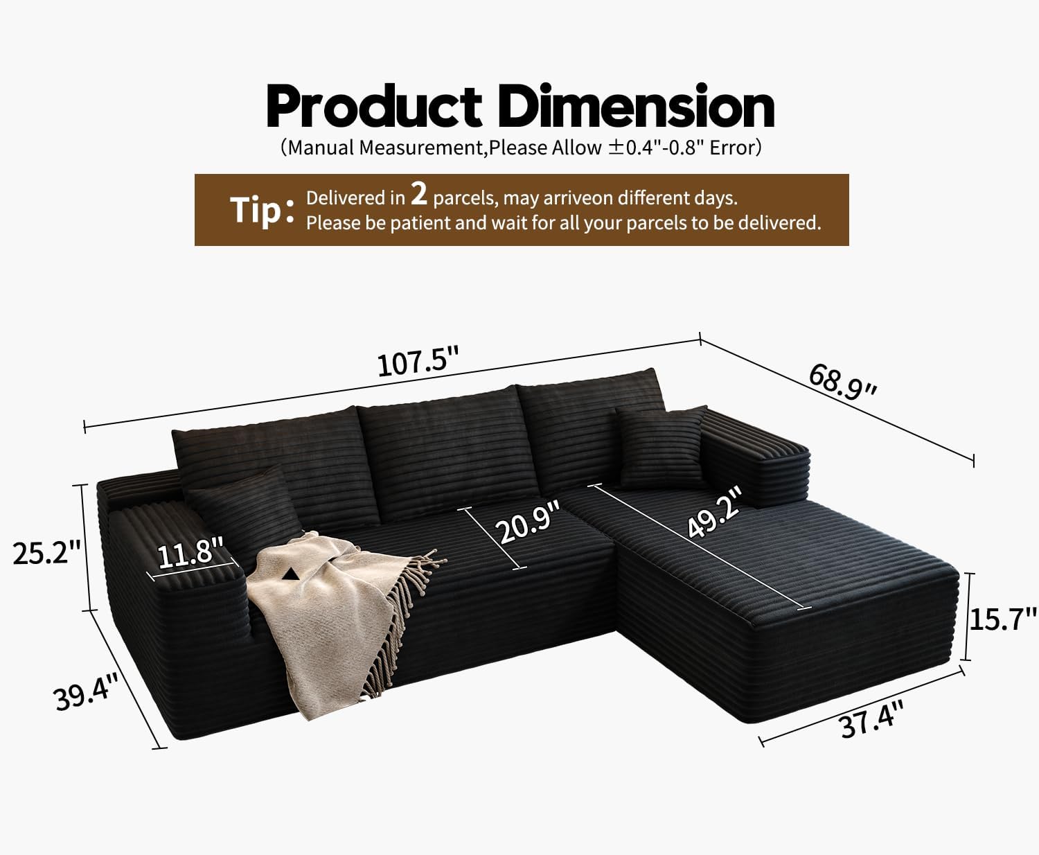107.5 inch Cloud Modular Sectional Sofa with L-Shaped Chaise Lounge, Modern Minimalist Upholstered Sofa Deep Seating Corner Sofa wourant