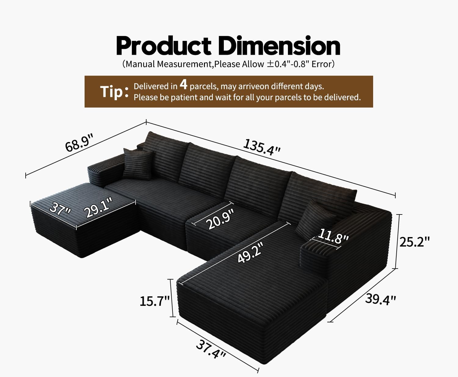 107.5 inch Cloud Modular Sectional Sofa with L-Shaped Chaise Lounge, Modern Minimalist Upholstered Sofa Deep Seating Corner Sofa wourant