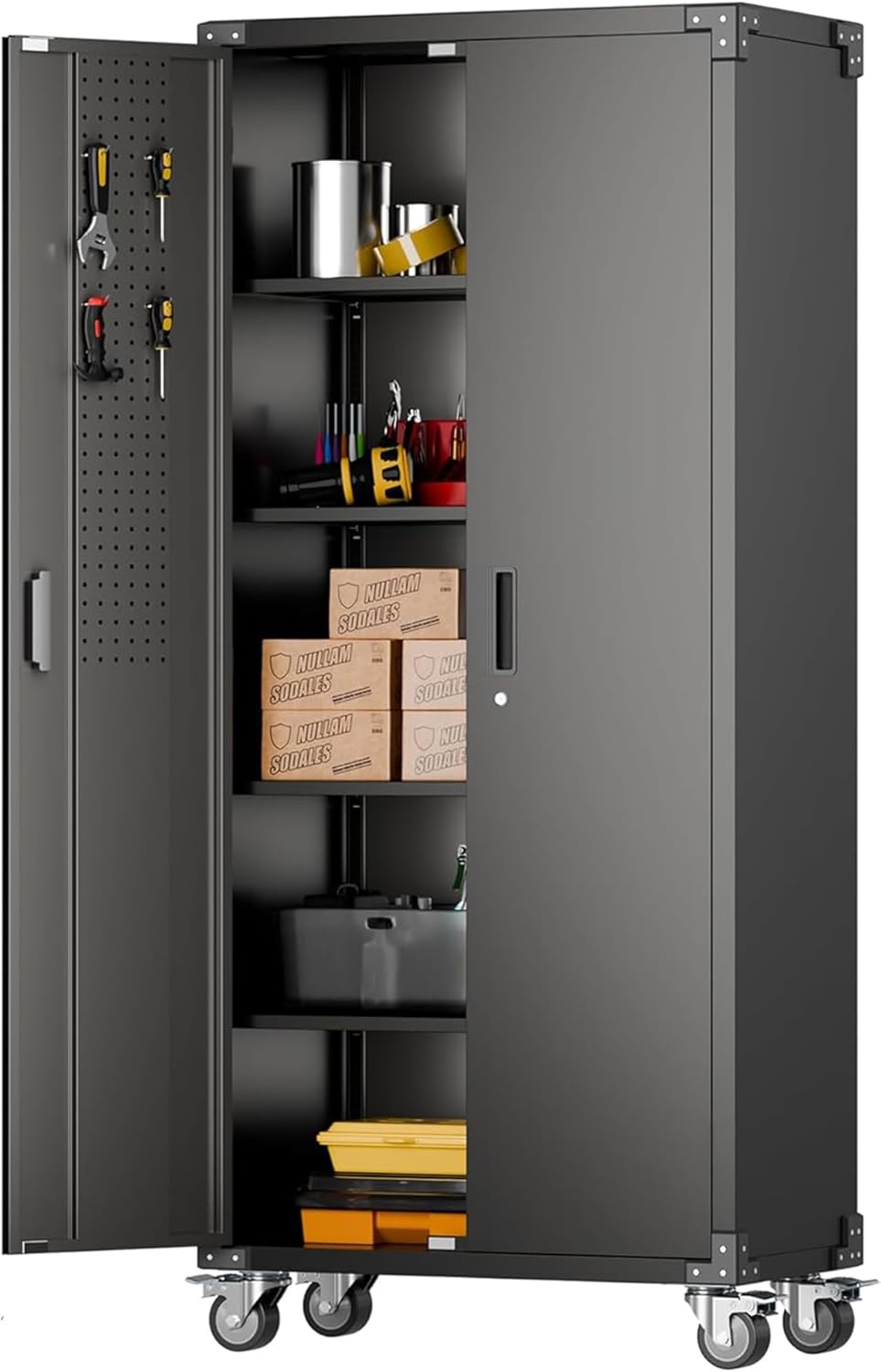 Aobabo Upgraded Garage Storage Cabinets with Wheels,Metal Storage Cabinets with 5 Adjustable Shelves for Garage Home Office Storage, Black,71''H*34''W*18''D,Assembly Required wourant