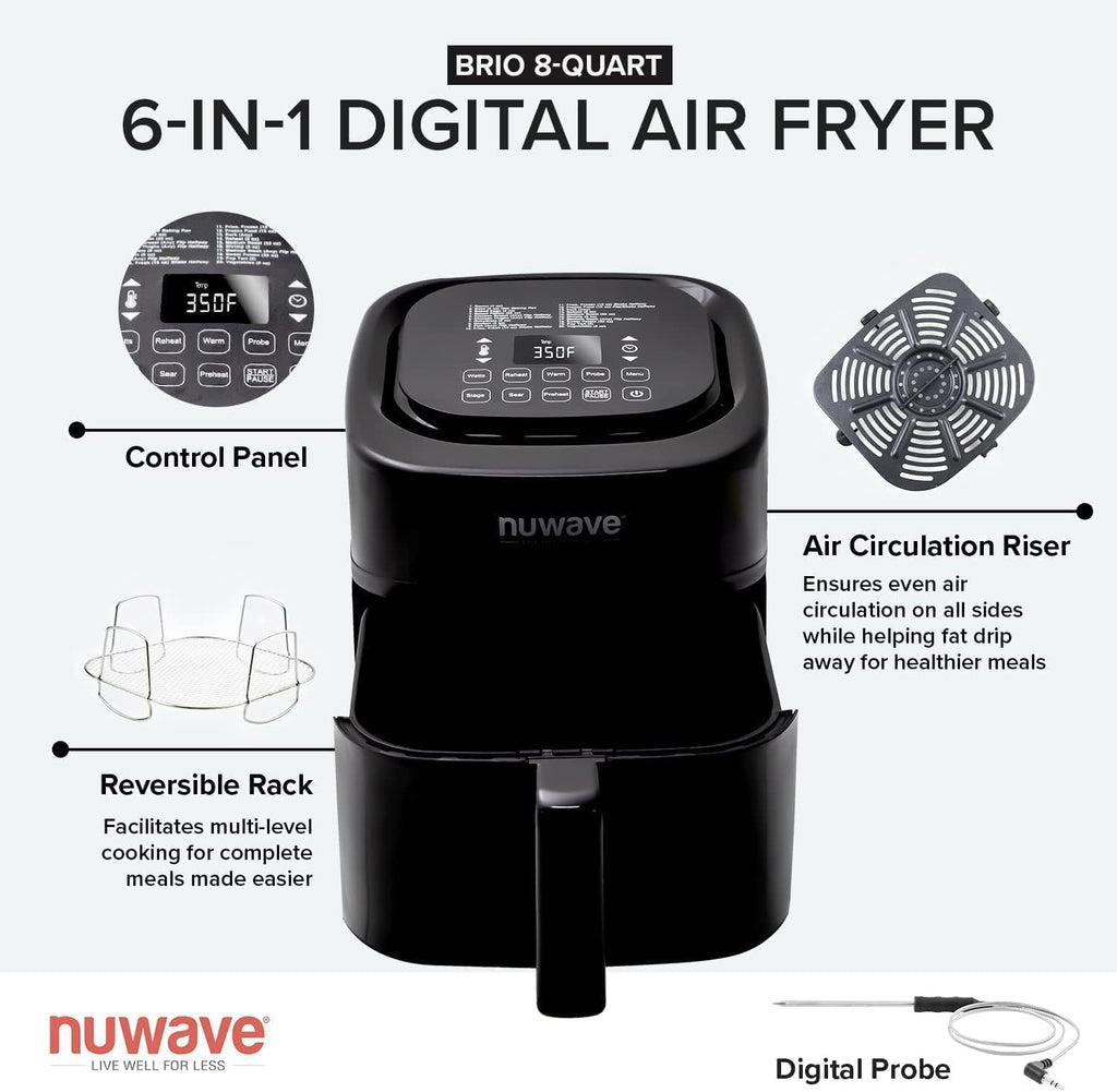 Nuwave Brio 15.5Qt Air Fryer/Oven quickly reheats, bakes, and dehydrates food with a temperature control range of 50°-425°F 1800W. wourant
