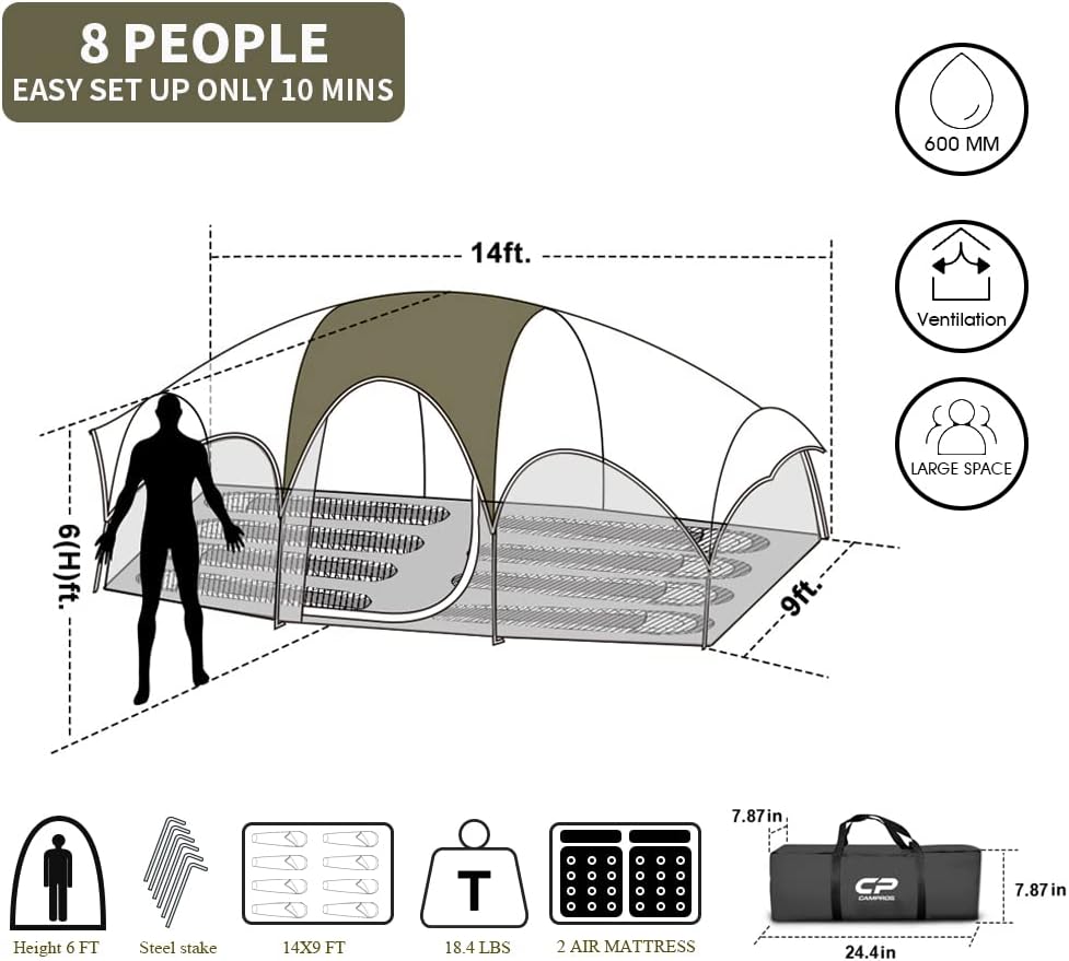 CAMPROS CP Tent 8 Person Camping Tents, Weather Resistant Family Tent, 5 Large Mesh Windows, Double Layer, Divided Curtain for Separated Room, Portable with Carry Bag wourant