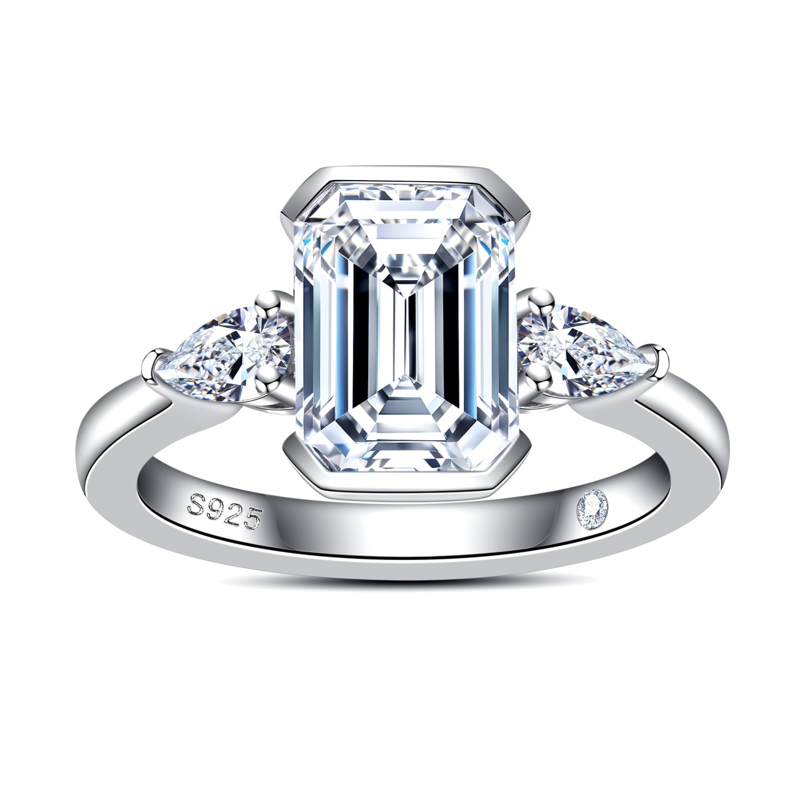 Emerald Cut Moissanite Engagement Ring 3.6cttw(3CT Center Stone) D Color VVS1 925 Sterling Silver 3 Stones Half Bezel Promise Wedding Rings for Women with Certificate wourant