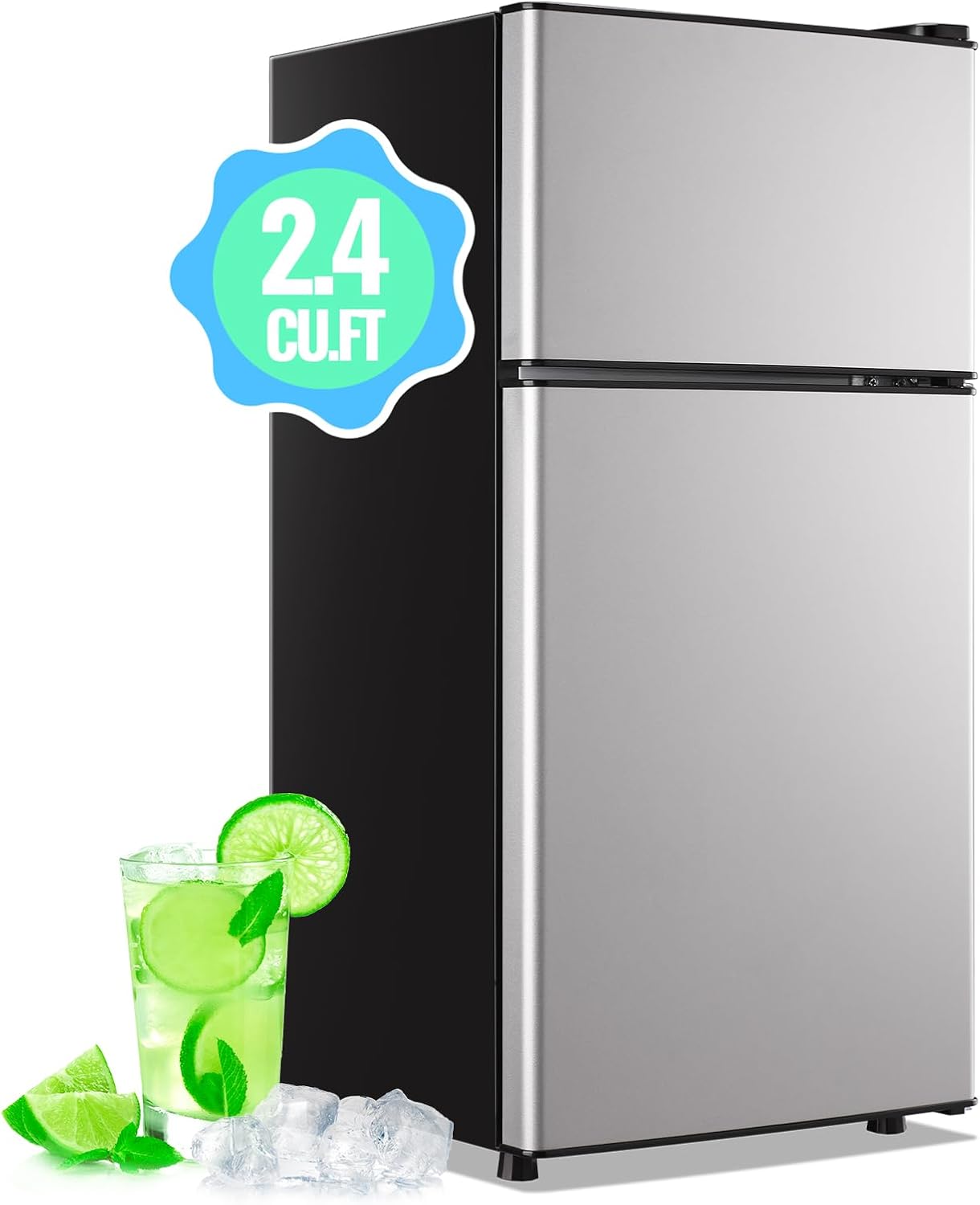 2.4 Cu.Ft Mini Fridge with Freezer & Double Door Small Tiny Size Refrigerator with 7 Temperature Control Knob Only Suitable for One Person Use Black wourant